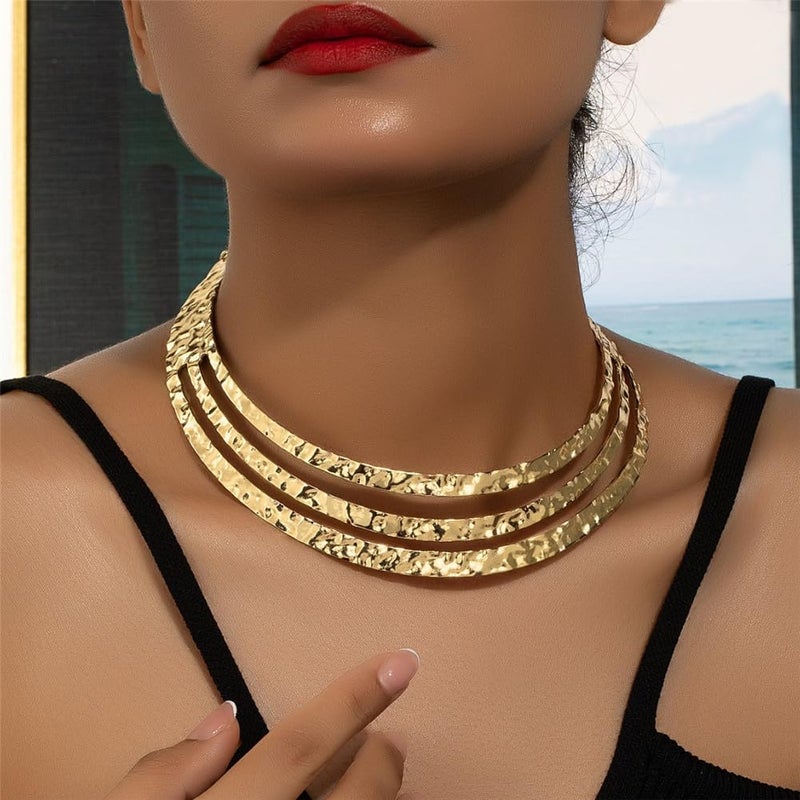 Hewill Store قلادة ذهبية سميكة قلادة بيان كبيرة للنساء قبيلة أفريقية طوق معدني عريض مجوهرات - Image 1